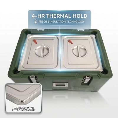 Voorlading 75L Geïsoleerde voedselpan drager Dubbele deuren Wielen Catering Warm Food Transport Box