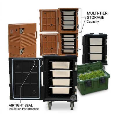 Geïsoleerde cateringbox 28L compacte rotatiegegoten cateringbox Thermische bezorgbox voor voedselcontainers