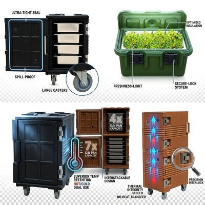 Geïsoleerde voedseldrager met voorlader, mobiele cateringtransportbox van 110 liter met zwenkwielen, compatibel met GN-pannen