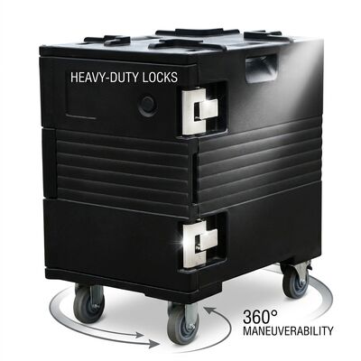 Commerciële horecaapparatuur 88L Geïsoleerde voedselpan drager Voorkantbelasting mobiele bedieningsstation casters