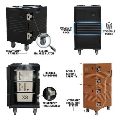 Commerciële horecaapparatuur 88L Geïsoleerde voedselpan drager Voorkantbelasting mobiele bedieningsstation casters