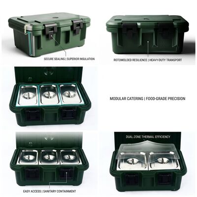 Militaire geïsoleerde voedselcontainers met wielen 50L Stapelbare warme voedseltransportdoos