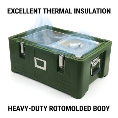 Voorlading 75L Geïsoleerde voedselpan drager Dubbele deuren Wielen Catering Warm Food Transport Box