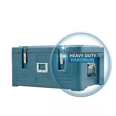 Voorlading 75L Geïsoleerde voedselpan drager Dubbele deuren Wielen Catering Warm Food Transport Box